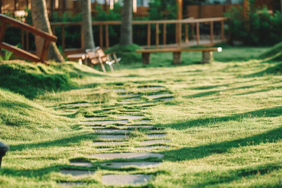 A lush, green garden scene featuring a well-maintained lawn with trimmed grass and vibrant flowering plants in the foreground. There are a set of weathered stone steps leading up a gentle slope, flank